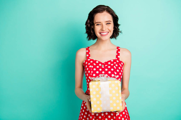 Photo of cute charming beautiful gorgeous attractive woman celebrating her birthday after having received present while isolated with teal background - Fotografie, Obrázek