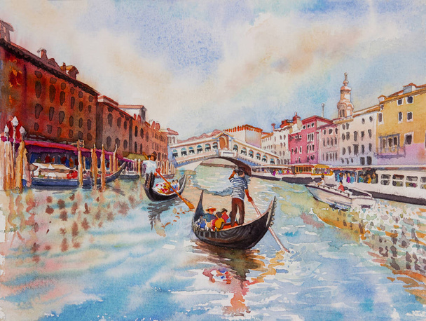 Podróż Canal Wenecja z turystą na gondoli.  - Zdjęcie, obraz