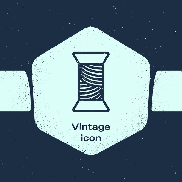 Grunge line Sewing thread on spool icon isolated on blue background. Yarn spool. Thread bobbin. Monochrome vintage drawing. Vector Illustration - Vector, Image