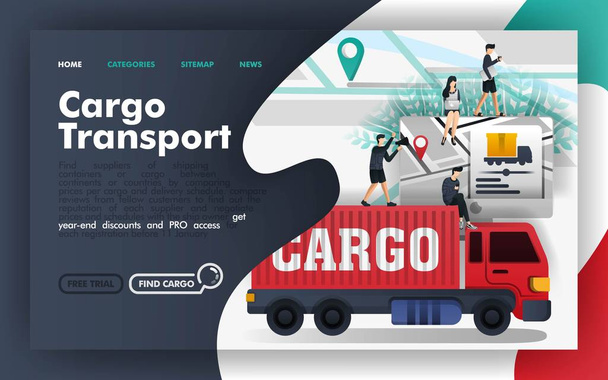 Cargo transport logistics Flat Vector Illustration Concept, freight transportation apps and map. Easy to use for website, banner, landing page, brochure, flyer, print, mobile app, poster, template, UI, marketing, promotion, advertisement, brochure - Vector, Image