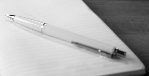 Grayscale closeup of a white pen on an open blank notebook - Fotoğraf, Görsel