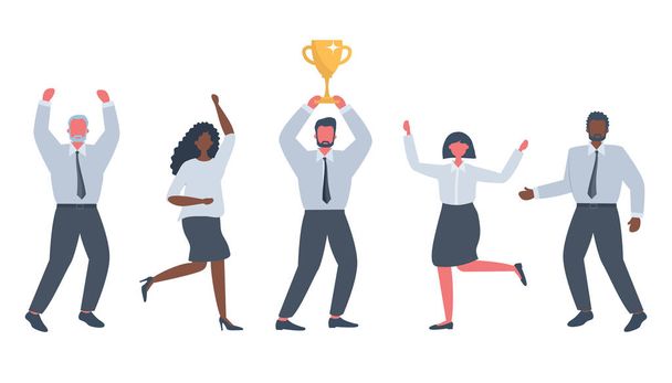 Pracownicy biurowi świętują zwycięstwo. Jeden z pracowników posiada Złoty Puchar zwycięzcy. Szczęśliwi pracownicy tańczą i skakają. Międzynarodowa grupa ludzi biznesu. Wektor - Wektor, obraz