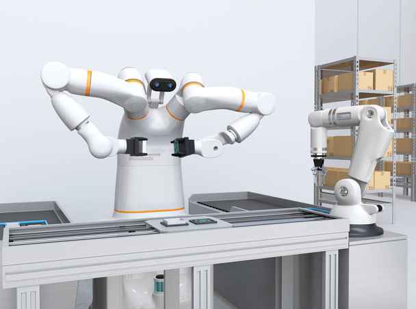 Podwójne ramię robota montaż płytek drukowanych w przestrzeni produkcyjnej komórek. Koncepcja współpracy robota. obraz renderujący 3D. - Zdjęcie, obraz