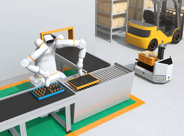 Kettős-kar robot szerelvény motor tekercsek a sejt-termelés térben. Együttműködésen alapuló robot koncepció. 3D-leképezési kép. - Fotó, kép
