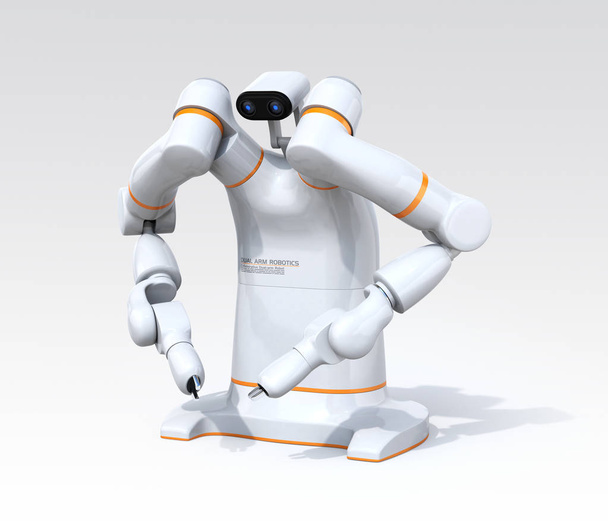 グラデーションの背景に白いデュアルアームロボット。コラボレーションロボットコンセプト。3D レンダリング イメージ. - 写真・画像