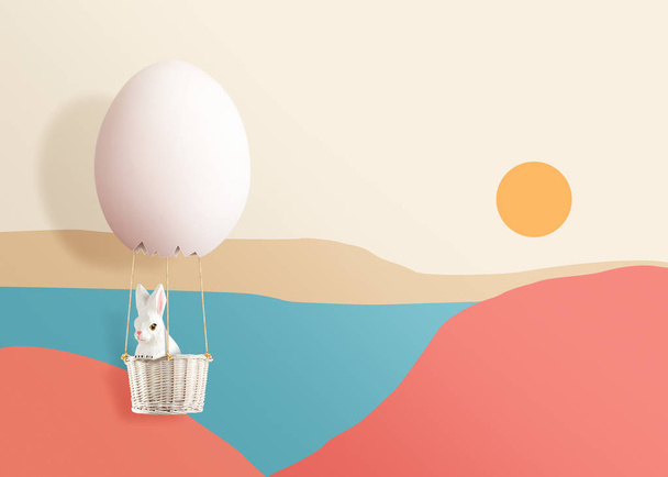 Het konijn is in 3D Egg hete lucht ballon zwevend tot hemel, Mid- - Foto, afbeelding