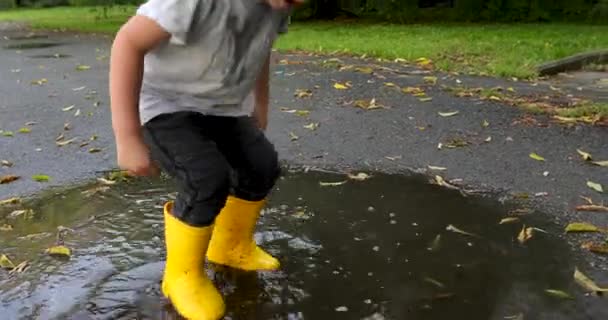 Bambino che calpesta attraverso pozzanghere in stivali di gomma gialli
 - Filmati, video