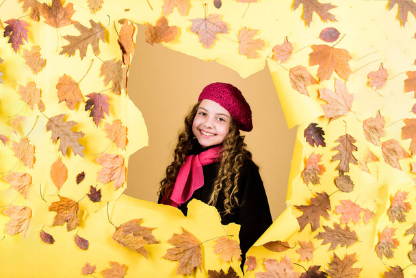 little girl in trendy coat red scarf. autumn beauty. Happy childhood. child in positive mood. parisian kid in autumn leaves. little girl in french beret. Fall fashion. Time to rest. autumn holidays - Foto, Imagem