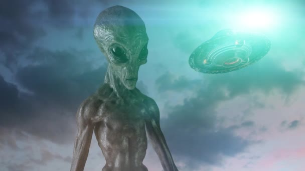 grauer Alien auf dunklem Hintergrund. 3D-Darstellung - Filmmaterial, Video