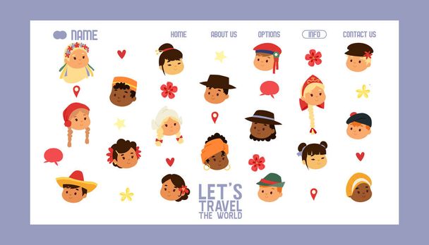 Children nationalities banner website vector illustration. Let s travel world. Kids characters in traditional costume national dress. International multicultural friendship and traveling. - Vector, Image