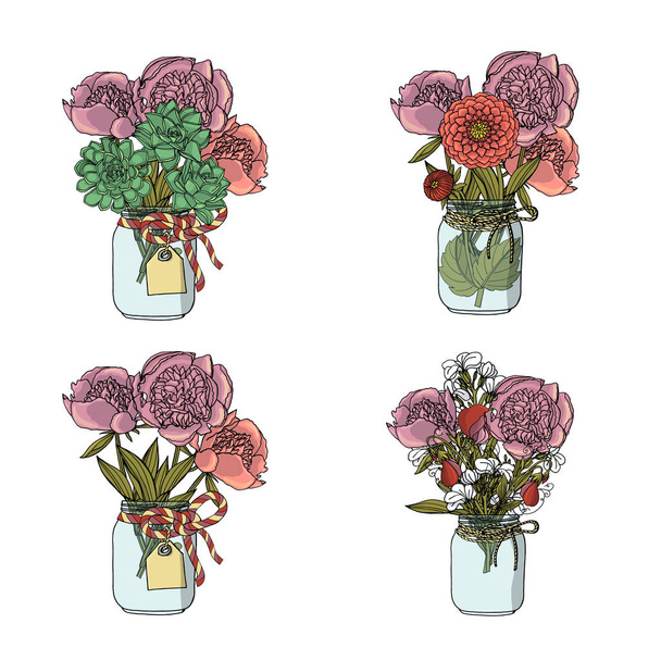 Bouquets de estilo doodle desenhado à mão de flores diferentes, suculento, dália, flor de estoque, ervilha doce
. - Vetor, Imagem