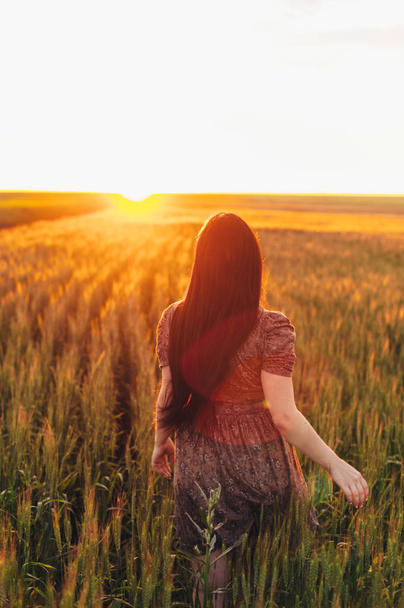 Beautiful young woman at sunset in the field - 写真・画像