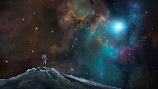 Uzay sahnesi. Adam renkli bulutsu ve yıldız ile kaya üzerinde durmak. Nasa tarafından döşenmiş unsurlar. 3d render - Fotoğraf, Görsel