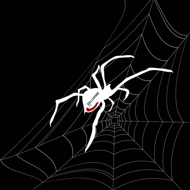 Halloween spider white silhouette on web - Vector, Image
