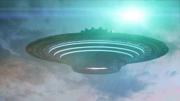 Ufo fliegt auf dunklem Hintergrund. 3D-Darstellung - Filmmaterial, Video