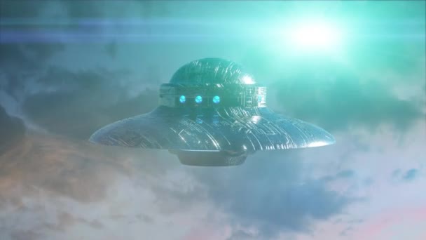 Ufo fliegt auf dunklem Hintergrund. 3D-Darstellung - Filmmaterial, Video