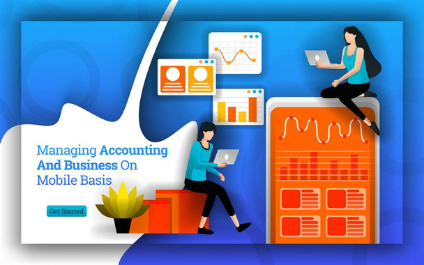 Accounting statistics simplified to managing accounting and Business on Mobile basis. bookkeeping software and apps makes it easy for personal and home business to manage accounting. Flat vector style Creative Design Concept Flat Cartoon Illustration - Vector, Image