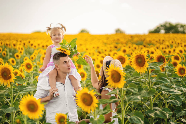 Mooie familie spelen op een bloeiende zomer veld - Foto, afbeelding