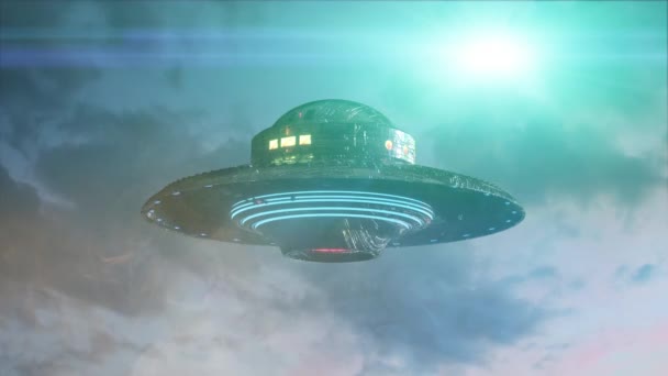 UFO letící na tmavém pozadí. prostorové vykreslení - Záběry, video