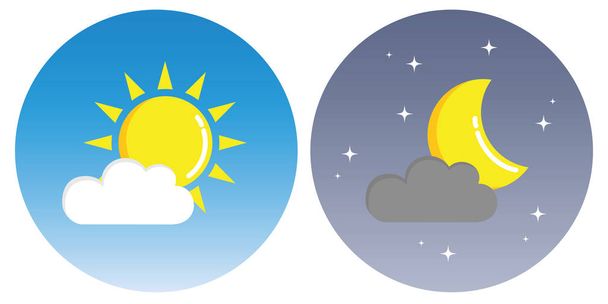 Sonne und Mond mit Wolken im Kreis Tag und Nacht-Konzept - Vektor, Bild