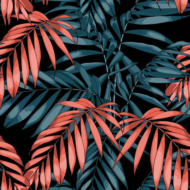 Modèle sans couture nature. Fond d'été tropical dessiné à la main : feuilles de palmier orange et bleu, art linéaire. Fond noir
. - Vecteur, image