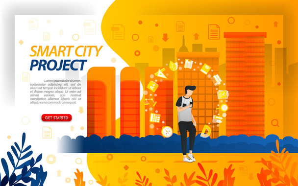 Overheidsprojecten voor Smart City, maken de stad uitgegroeid tot een IOT (Internet van dingen), concept vector ilustration. kan gebruiken voor, landing page, sjabloon, ui, Web, mobiele app, poster, banner, flayer. Creatief ontwerp concept platte cartoon illustratie - Vector, afbeelding
