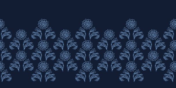 Indigo blue flower motif Japanese style. pattern. Hand drawn dyed floral damask textiles. Seamless vector swatch. - Vector, Image