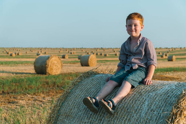 A red-haired boy sits on top of a straw bale on a wheat field - Фото, изображение
