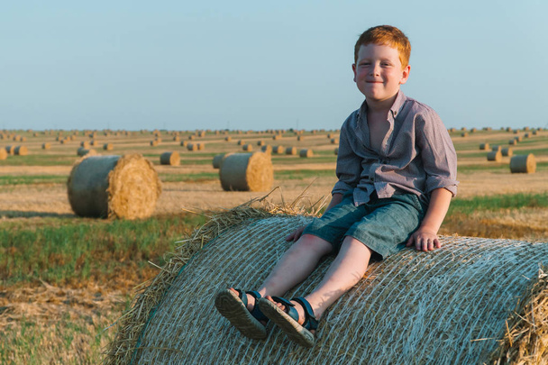 A red-haired boy sits on top of a straw bale on a wheat field - Foto, immagini