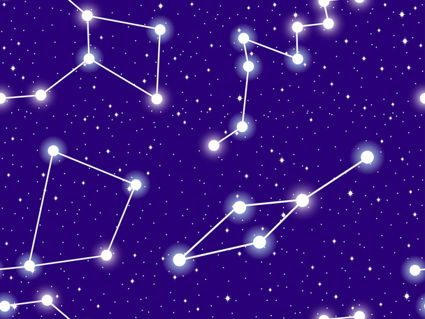 nahtloser Sternenhimmel mit den Sternbildern leo minor, crater, corvus und lacerta. Sternhaufen und Galaxien. Weltraum. Vektorillustration - Vektor, Bild