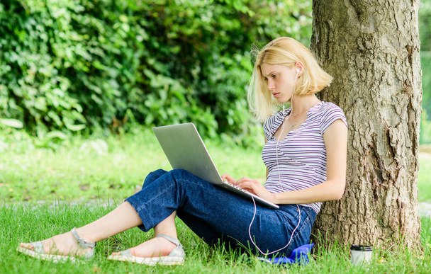girl blogger write post for social network. summer online. woman drink coffee. Inspiration for blogging. woman with notebook blogging outdoor. girl runs her blog on notebook. Concentrated on studying - Fotó, kép