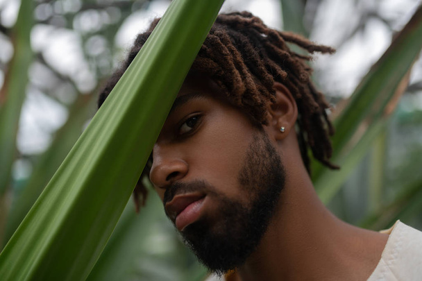 Bearded young man wearing earrings posing near palm tree - Foto, afbeelding