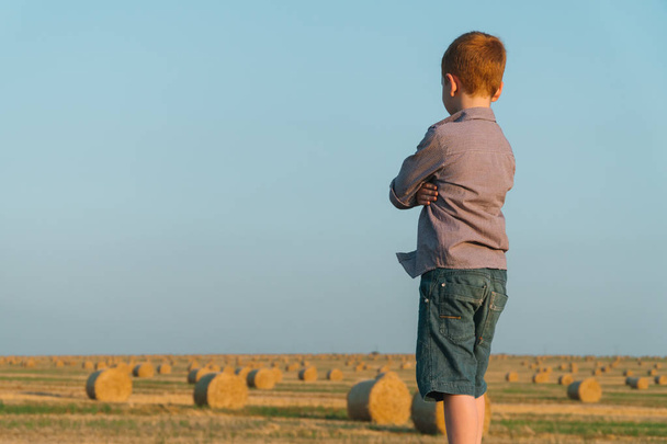 A red-haired boy stands on top of a straw bale on a wheat field - Фото, изображение