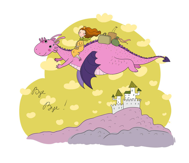 A princesa está voando sobre um dragão. Rainha e dinossauro
. - Vetor, Imagem