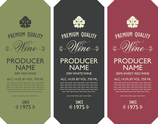 conjunto de tres etiquetas de vino con hojas de vid
 - Vector, imagen