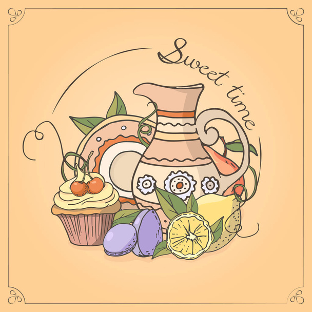 Vector card. Sweet time series. Plate and lemon. - Vector, imagen