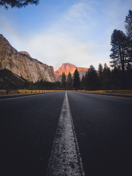 Empty road in the middle of the forest with blue sky in Yosemite, CA. - 写真・画像