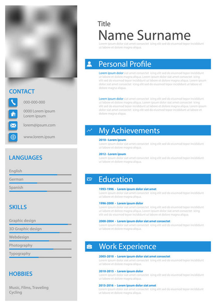 Professional personal resume cv with strips in blue white design - Vector, Image