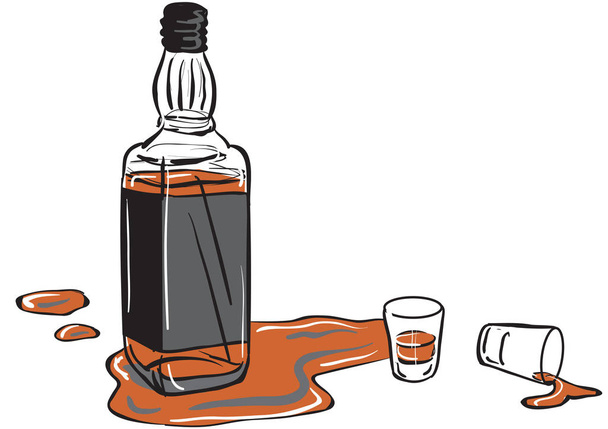 Una botella de whisky y dos vasos de chupito con un poco de whisky derramado alrededor
. - Vector, imagen
