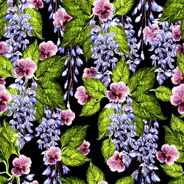 Bright watercolor seamless pattern with violet  and wisteria flowers.  - Photo, Image