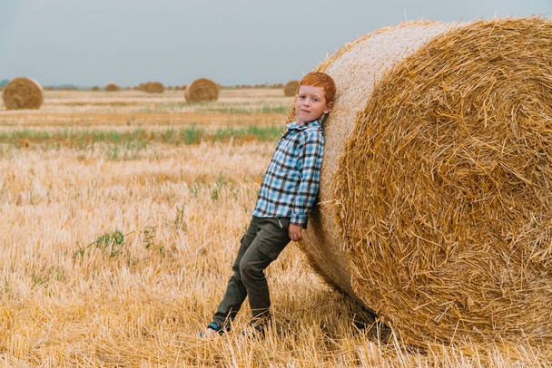 The red-haired boy leaned on a straw bale in the middle of a wheat field with bales on a summer evening - Фото, изображение