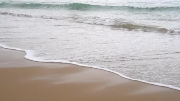 Tranquillo surf serale sull'oceano. Onde schiumose riempiono la spiaggia di sabbia. Il concetto di calma e pacificazione
 - Filmati, video