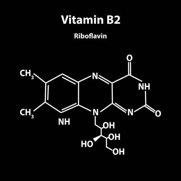 ビタミンB2リボフラビン分子化学式。インフォグラフィック。黒い背景のベクトルイラストレーション. - ベクター画像
