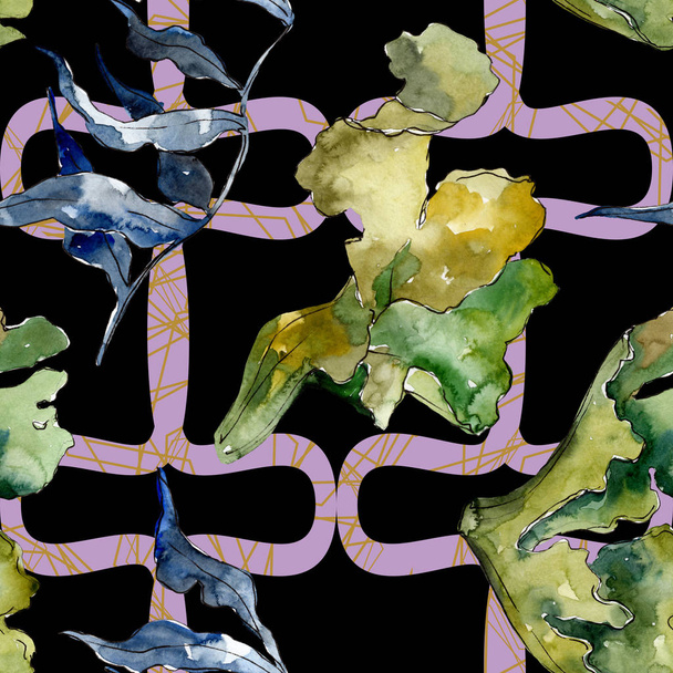 Groen en Violet aquatische onderwaternatuur koraalrif. Aquarel illustratie set. Naadloos achtergrond patroon. - Foto, afbeelding