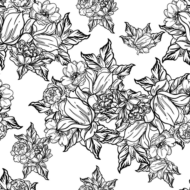 Nahtloses monochromes Blumenmuster im Vintage-Stil - Vektor, Bild