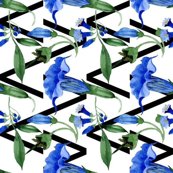Fiori botanici floreali blu brugmansia. Acquerello sfondo illustrazione set. Modello di sfondo senza soluzione di continuità
. - Foto, immagini