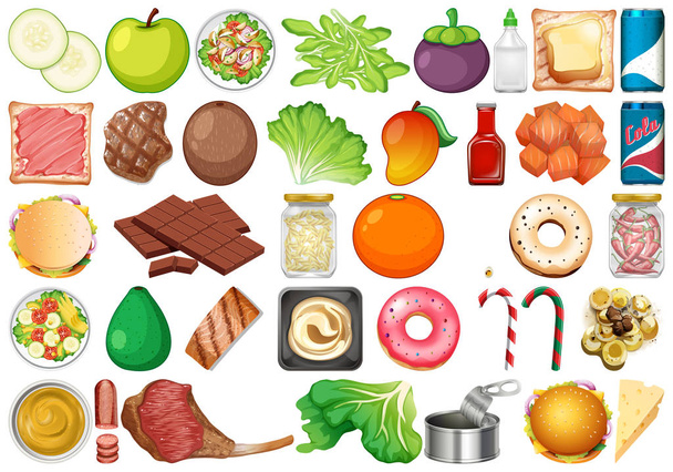 Set of isolated objects theme - fresh vegetables and desserts - Vector, Image