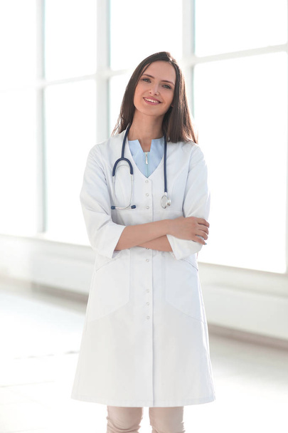 close up. confident woman doctor with stethoscope . - Fotografie, Obrázek
