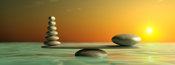 As pedras de Zen remam de grande a pequeno na água com o céu azul. ilustração 3d
 - Foto, Imagem