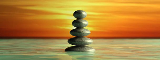 Zen-Steine reihen sich im Wasser mit blauem Himmel von groß nach klein. 3D-Illustration - Foto, Bild